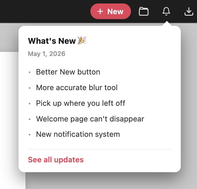 The What's New notification popup showing the May 1 update